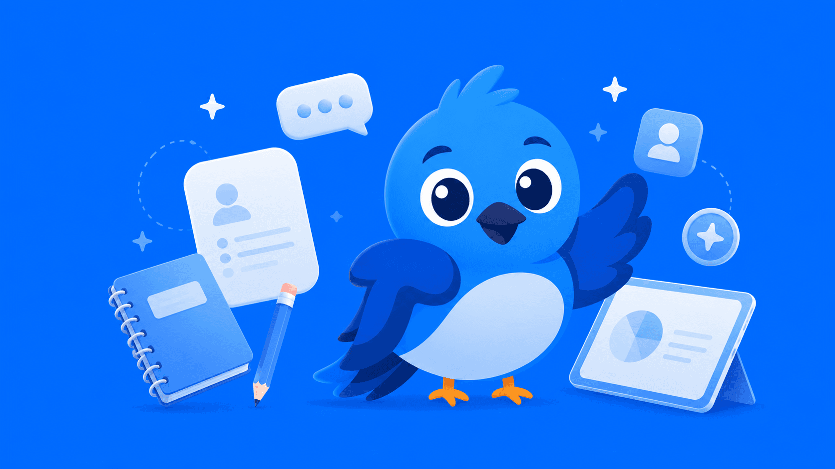 TutorPakar blue learning bird with notebook, pencil, profile card and tablet