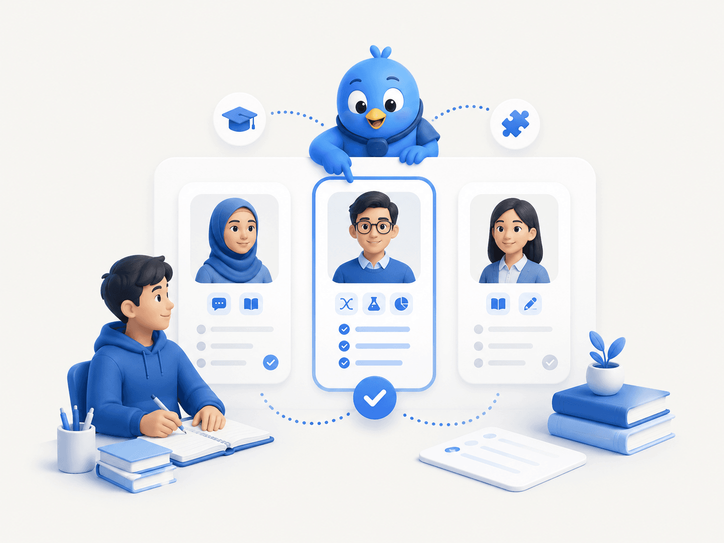 TutorPakar tutor fit illustration showing a student and matched tutor profile cards