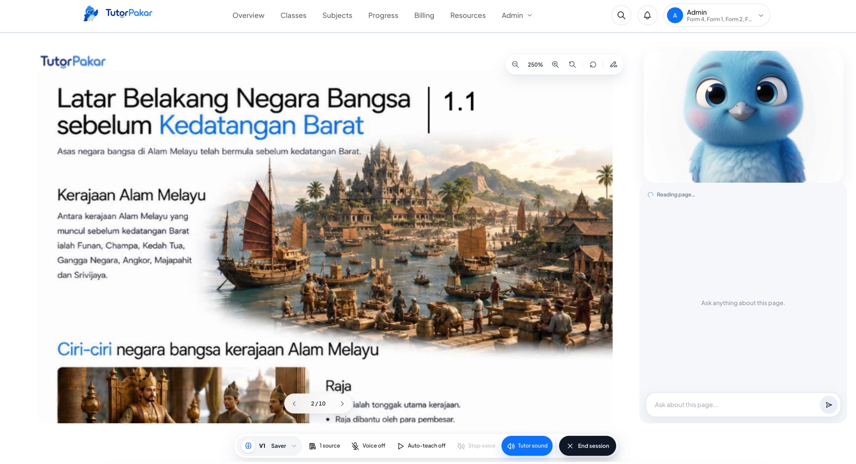 TutorPakar Screen Tutor teaching a Sejarah lesson from an interactive Malay-language note