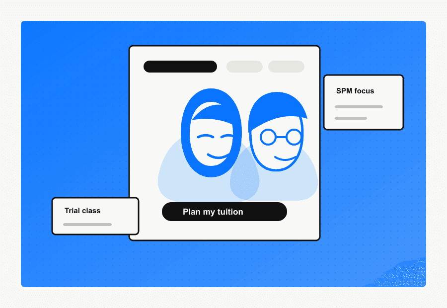 Blue illustration of a Malay teacher guiding a Chinese student through tuition planning